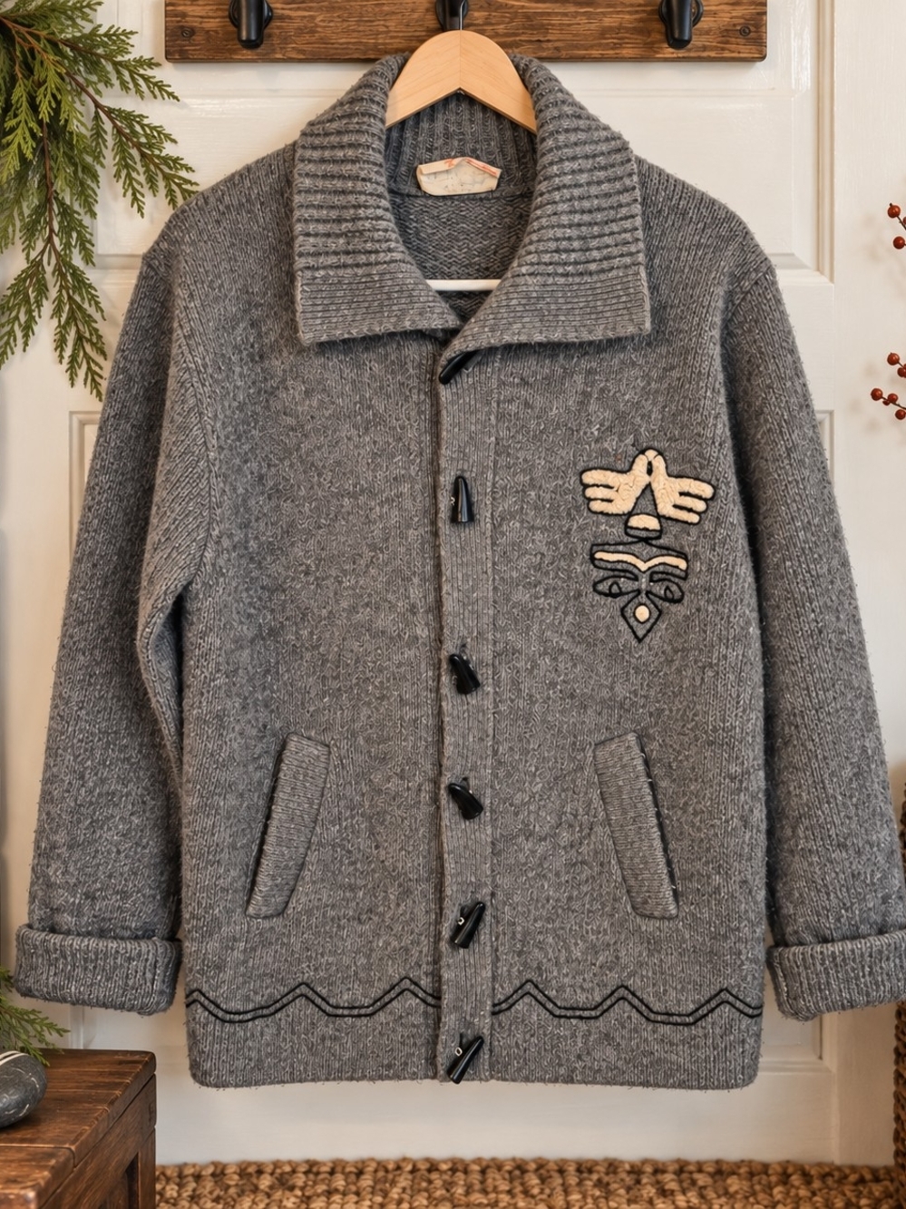 Vintage Wool Cardigan Thunderbird Motif Cowichan Inspired Toggle Sweater